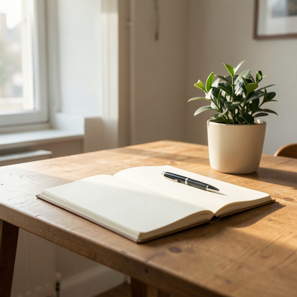 Editorial workspace in soft natural window light — a wooden desk with an open notebook, a pen, and a small plant in a cream-coloured pot